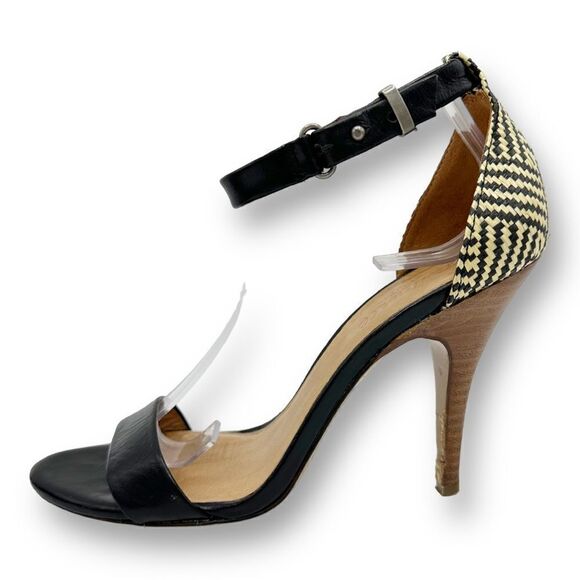 EUC Madewell Marcel Black Leather Sandals w/Woven Raffia Heels Sz 8.5 - Picture 1 of 16